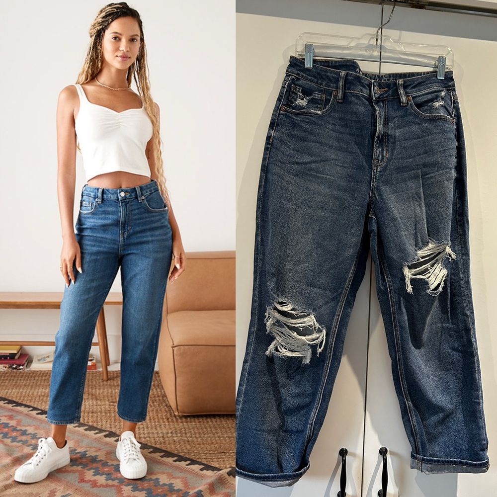 American eagle straight mom jeans high rise size 10 ripped knee